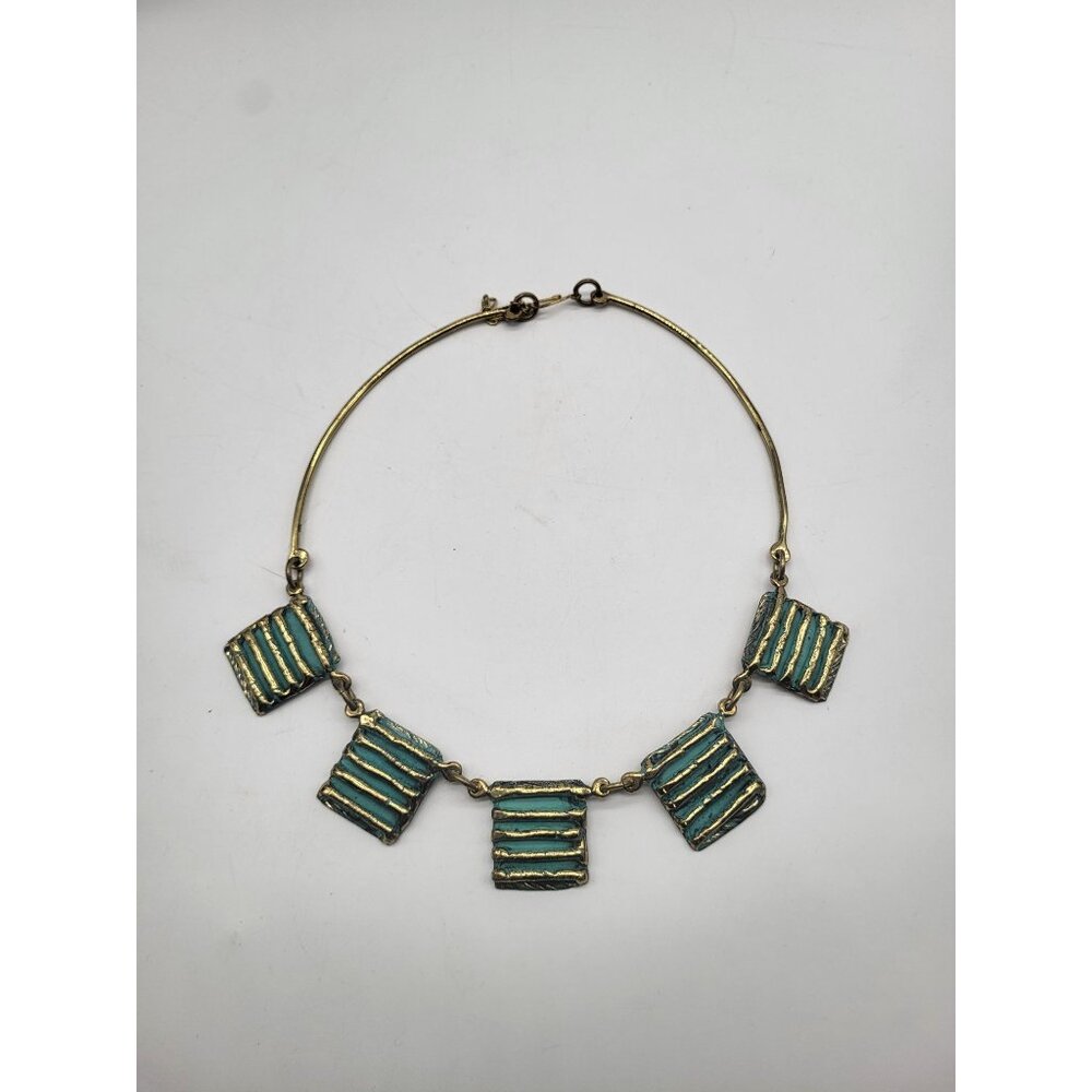 Unique Art Deco Collar Statement Necklace Gold Tone Turquoise Painted Panels VTG - Picture 4 of 10